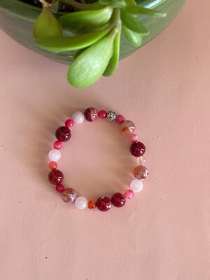 Valentine Red Agate and Pink Rose Quartz  Stretch Bracelet - image4
